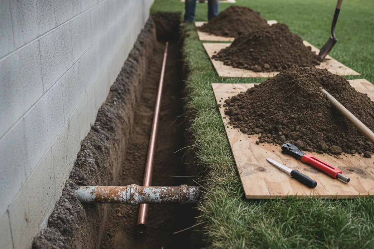 Excavated water line trench during Water Heater Repair in Casco